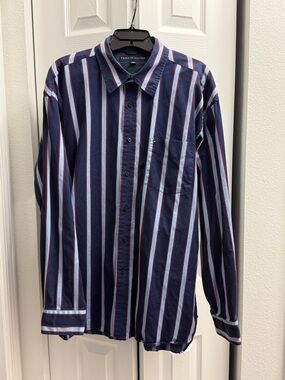 Tommy Hilfiger Navy Blue Light Blue and Red Striped Button-Up Shirt